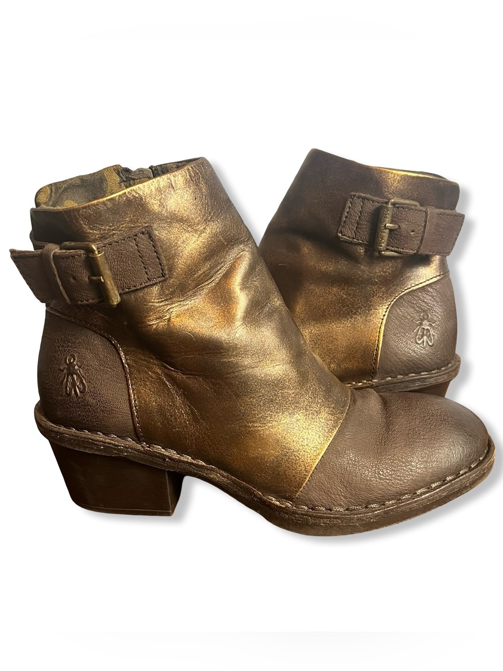 Fly London Dape Metallic Bronze Leather Buckle Ankle Boots Block Heel Sz. 37